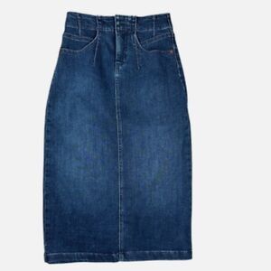 Anthropologie Pilcro Dark Wash Denim Midi Pencil Stretch Skirt Split Hem